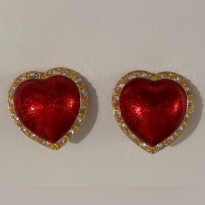 Victoria Secret heart vintage gold tone rhinestone enamel clip earrings